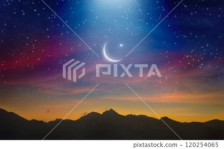 Ramadan background with crescent, stars and glowing clouds with ray from skies. Month of Ramadan is that in which was revealed Quran. Ramadan background with crescent, stars and glowing clouds with ray from skies. Month of Ramadan is that in which was revealed Quran. 120254065