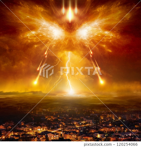 Apocalyptic religious image, armageddon battle between forces of good and evil, judgment day, end of world and times 120254066