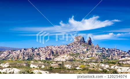 Natural rock castle of Uchisar is highest point in Cappadocia, Nevsehir Province, Turkey. 120254074