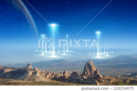 Amazing sci-fi image: extraterrestrial aliens spaceship fly above surreal terrain, dark planet in space. 120254075