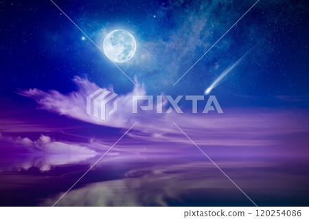 Amazing mysterious image, rising full moon, falling comet or shooting star and pink clouds above serene sea. Full moon party concept. Amazing mysterious image, rising full moon, falling comet or shooting star and pink clouds above serene sea. Full moon party concept. 120254086