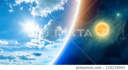 Opposites in nature: day and night, light and darkness, sun and moon. passing of time and changes concept image. Opposites in nature: day and night, light and darkness, sun and moon. passing of time and changes concept image. 120254093
