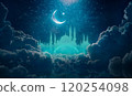 Ramadan religious background with bright crescent, stars and blue clouds. Month of Ramadan is that in which was revealed Quran. 120254098