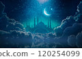Ramadan religious background with bright crescent, stars and blue clouds. Month of Ramadan is that in which was revealed Quran. 120254099