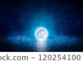 Full moon party concept image. Luminous sphere, similar to full moon, levitates over water 120254100