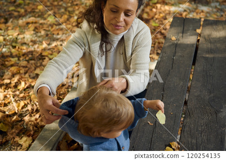 Mother and child enjoying autumn outdoor picnic at park 120254135