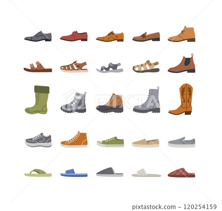 Men shoes for every season and occasion. Simple flat color icons for clothes shop. Male dress shoes, casual footwear, different sneakers, boots, sandals, slippers. Side view, isolated Men shoes for every season and occasion. Simple flat color icons for clothes shop. Male dress shoes, casual footwear, different sneakers, boots, sandals, slippers. Side view, isolated 120254159