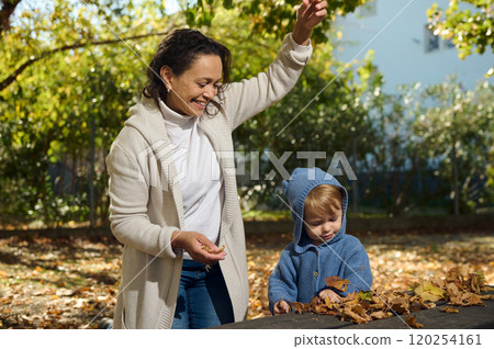 Mother and toddler enjoying autumn leaves in a sunny park Mother and toddler enjoying autumn leaves in a sunny park 120254161