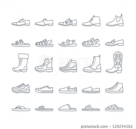 Men shoes for every season and occasion. Simple thin line icons for clothes shop. Male dress shoes, casual footwear, different sneakers, boots, sandals, slippers. Side view, editable stroke, isolated 120254162