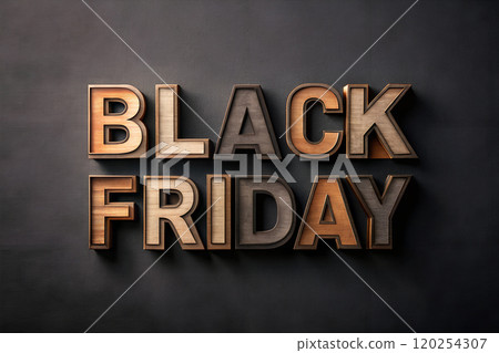 The words BLACK FRIDAY made of wooden letters laid out on a black background 120254307