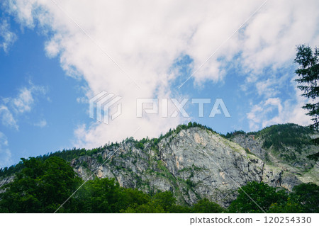 Konigssee Lake in Bavaria Germany with Church by the Lake White Boat Forested Mountain and Beautiful Sunny Trekking in Berchtesgaden German Alps. High quality photo 120254330