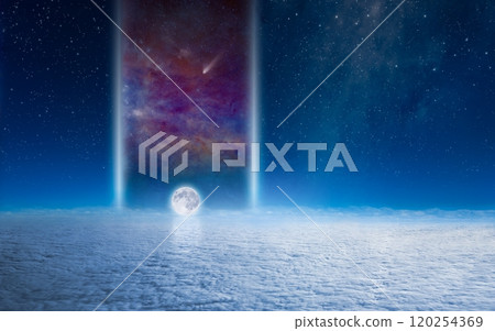 Amazing fantastic image: huge teleport to another galaxy, full moon with reflection, aerial view of clouds covering planet, comet in outer space. 120254369