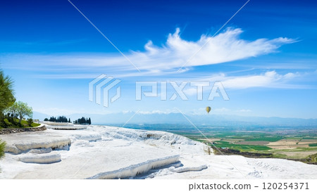 Amazing white travertine terrace formations in Pamukkale, Denizli Province, southwestern Turkey Amazing white travertine terrace formations in Pamukkale, Denizli Province, southwestern Turkey 120254371