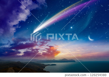 Amazing unreal background: giant colorful comet and rising crescent moon in starry sky over calm sea Amazing unreal background: giant colorful comet and rising crescent moon in starry sky over calm sea 120254380