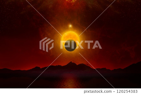 Apocalyptic dramatic image, doomsday event concept. Glowing full moon and planet Nibiru in dark red sky above black mountains and sea. 120254383