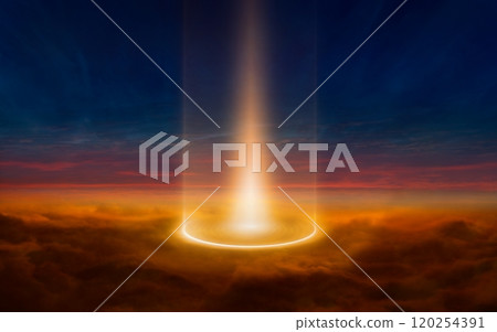 Bright glowing beam of light shines from dark red clouds into night blue sky, looks like teleport, extraterrestrial source of light Bright glowing beam of light shines from dark red clouds into night blue sky, looks like teleport, extraterrestrial source of light 120254391