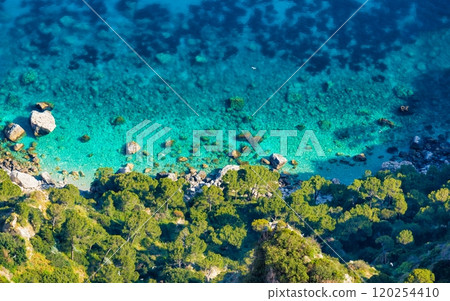 Rocky coast of Mediterranean Sea near island of Capri in Italy. Clean and clear blue water, green trees, sunny summer weather. Rocky coast of Mediterranean Sea near island of Capri in Italy. Clean and clear blue water, green trees, sunny summer weather. 120254410