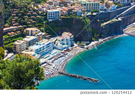 Aerial view of cliff coastline Meta di Sorrento and Gulf of Naples, Campania, Italy. 120254412