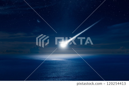 Dramatic scientific background with bright asteroid in dark blue sky falls into sea 120254413