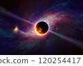 Abstract scientific image, glowing exoplanets in deep space on background of spiral galaxy. Exoplanet or extrasolar planet is planet outside Solar System. 120254417