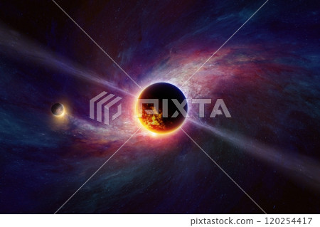 Abstract scientific image, glowing exoplanets in deep space on background of spiral galaxy. Exoplanet or extrasolar planet is planet outside Solar System. 120254417