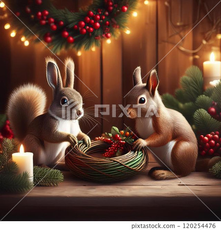 The rabbit and the cat are working together to make a Christmas wreath. 120254476