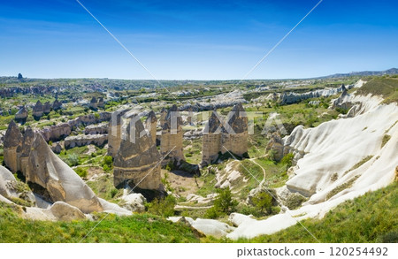 Amazing rocks in Cappadocia near Goreme eroded into spectacular pillars and minaret-like forms, Turkey 120254492