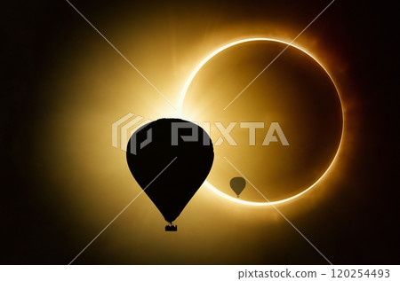 Silhouettes of hot air balloons on backgound of solar eclipse in dark red sky Silhouettes of hot air balloons on backgound of solar eclipse in dark red sky 120254493