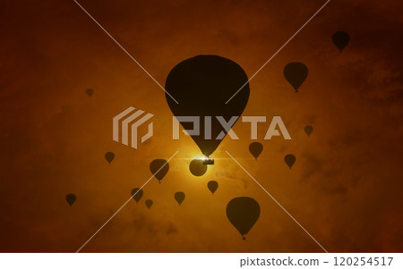 Hot air balloons on backgound of solar eclipse in dark red sky 120254517