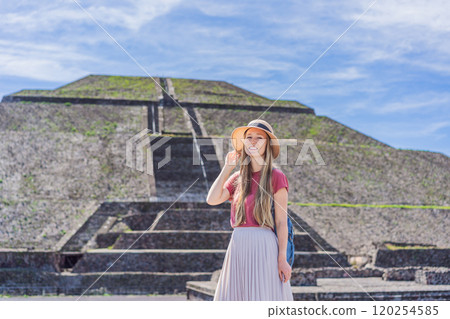 Female tourist exploring Teotihuacan, Mexico. Cultural heritage, ancient ruins, and archaeological adventure concept 120254585