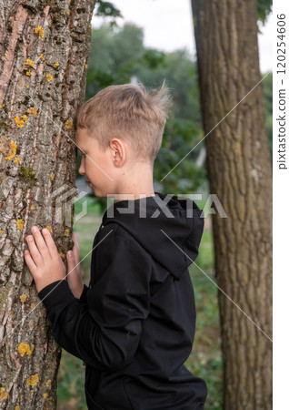 Young Boy Touching Tree Trunk in Nature Young Boy Touching Tree Trunk in Nature 120254606