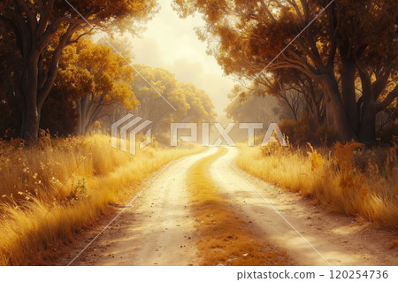 A dirt road in the middle of a grassy field surrounded by trees 120254736