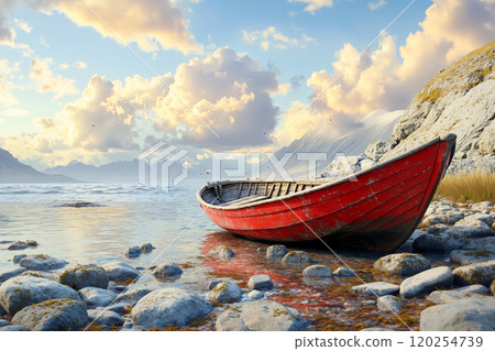 A red boat sitting on top of a rocky beach 120254739