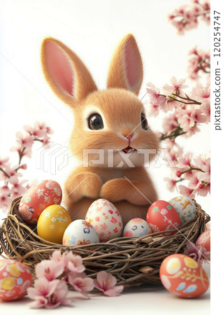 A cute bunny sitting in a basket filled with colorful Easter eggs 120254747