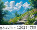 A stone path leading up to a mountain with flowers in the foreground 120254755
