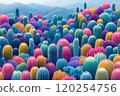 A large group of colorful cacti in the desert with mountains in the background 120254756
