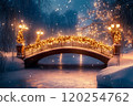 A snowy bridge with lights and trees in the background 120254762