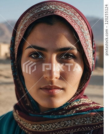 Young woman 25 years old, draped in a beautifully patterned scarf, appears contemplative at a community gathering in Afghanistan. Her expression reflects a mix of strength and serenity. Generative AI 120255124