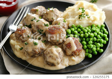 Delicious meatballs served with creamy gravy, mashed potatoes, and peas in a cozy dining setting Delicious meatballs served with creamy gravy, mashed potatoes, and peas in a cozy dining setting 120255175