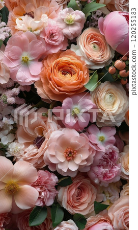 A vibrant display of assorted flowers in soft peach and pink hues arranged beautifully 120255183
