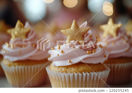 Delightful cupcakes with pink frosting and golden star decorations at a festive celebration setting 120255245