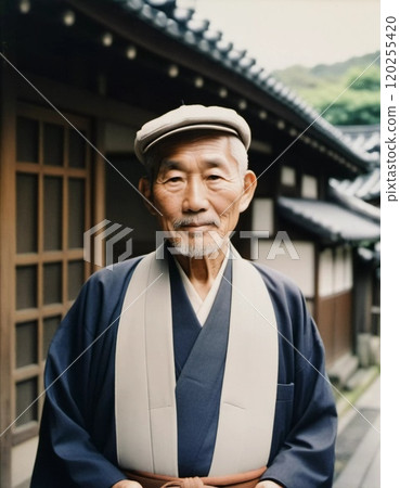 A senior man 70 years old wearing traditional Japanese clothing, showing a sense of pride and heritage in a serene courtyard with wooden buildings. An elderly resident of Japan. Generative AI 120255420