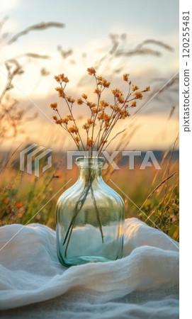 A rustic glass vase holds delicate yellow flowers in a sunlit field at sunset 120255481