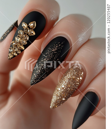 Elegant black and gold nail design with embellishments for special occasions 120255487