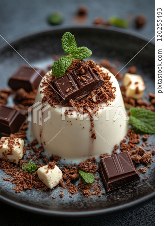 Delicate dessert served on a black plate with chocolate, caramel, and colorful garnishes Delicate dessert served on a black plate with chocolate, caramel, and colorful garnishes 120255493