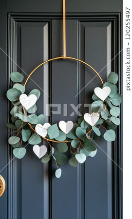 Decorative heart shaped eucalyptus wreath hanging on a dark blue door for a festive touch 120255497