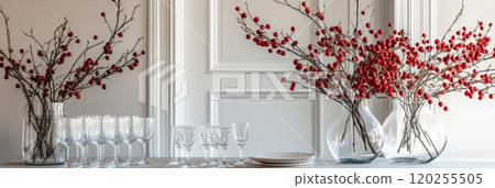 Elegant arrangement of red berries in a glass vase beside crystal wine glasses in soft light 120255505
