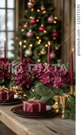 Festive table setting with hydrangeas and candles for a cozy holiday gathering in December 120255540