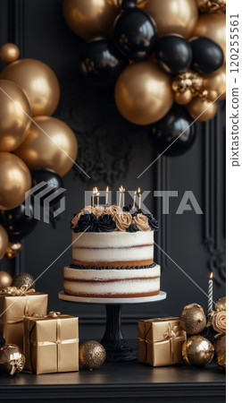 Elegant birthday cake adorned with roses and candles surrounded by golden balloons and gifts 120255561