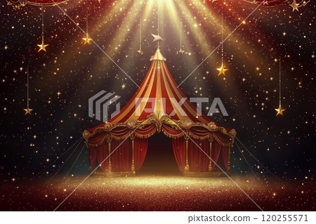 Bright lights shine down on a traditional circus tent under a starry night sky 120255571